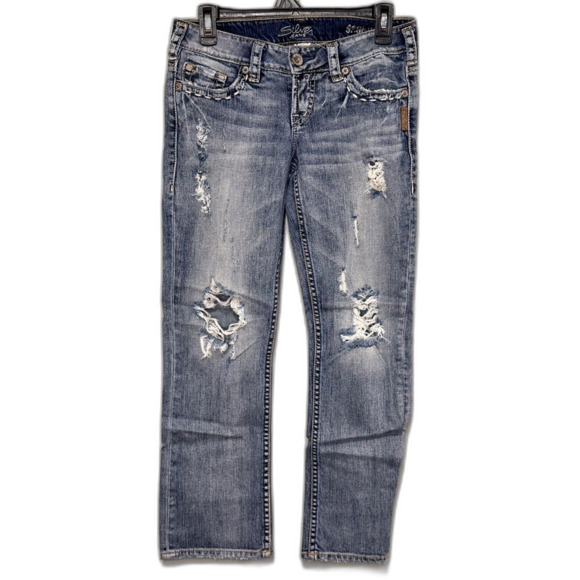 Silver‎ Santorini Denim Jeans Distressed Size 26 Ankle Cropped 2 Low Rise - Picture 1 of 8